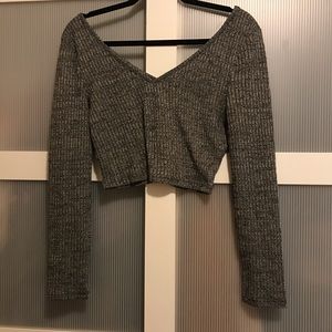 Shein Dark Grey Vneck Crop Top Long Sleeve Size L